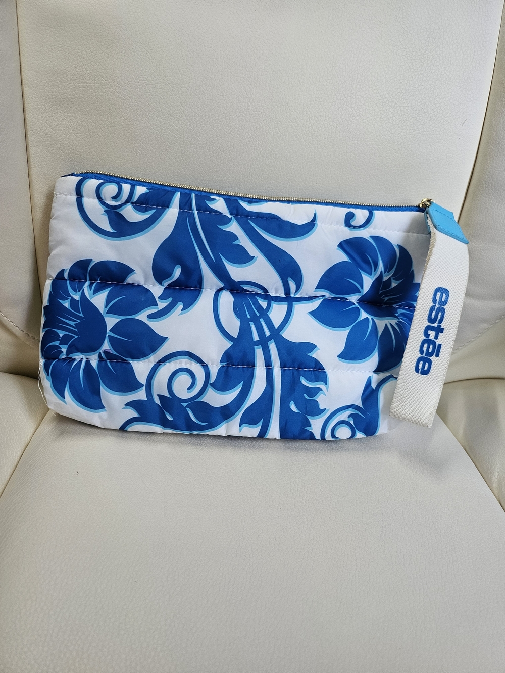 Estee Lauder White Cosmetic Pouch with Blue Floral Print